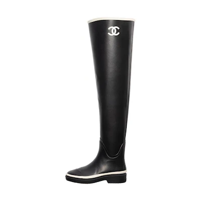 (W) Chanel Thigh High Rubber Rain Boots Black