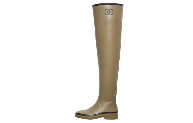 (Women) Chanel Thigh High Rubber Rain Boots Dark Beige G39625-X56326-K5218