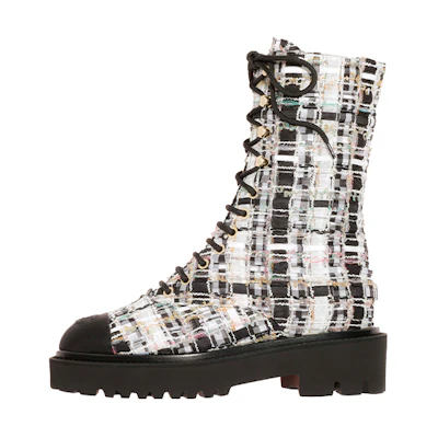 (W) Chanel Tweed and Satin Ankle Boots 'Black White'