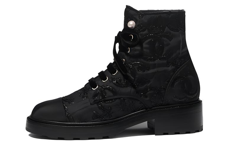 (W) Chanel Tweed Fashion Versatile Satin Ankle Boots 'Black'