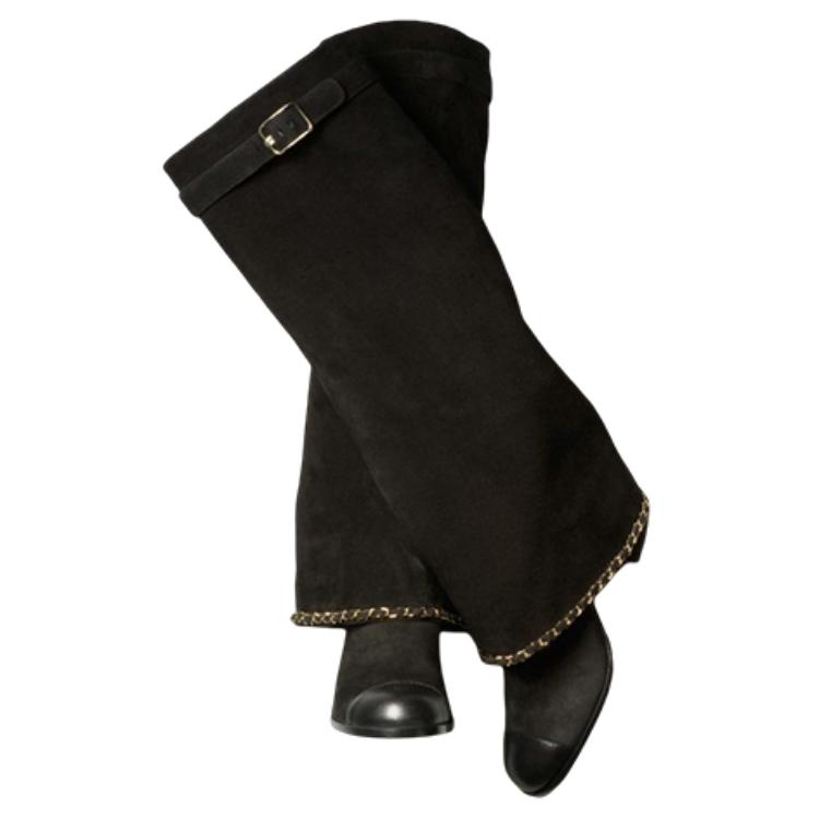 Shop (W) Chanel Velour Kulit Anak Lembu Boot Tinggi 'Hitam' G39345-X56709-94305