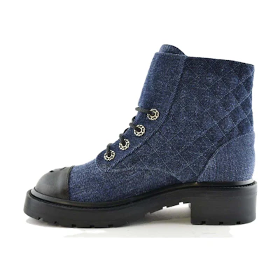 (W) Chanel Velvet and Shiny Calfskin Warm Height-Increasing Short Boots 'Blue Black'
