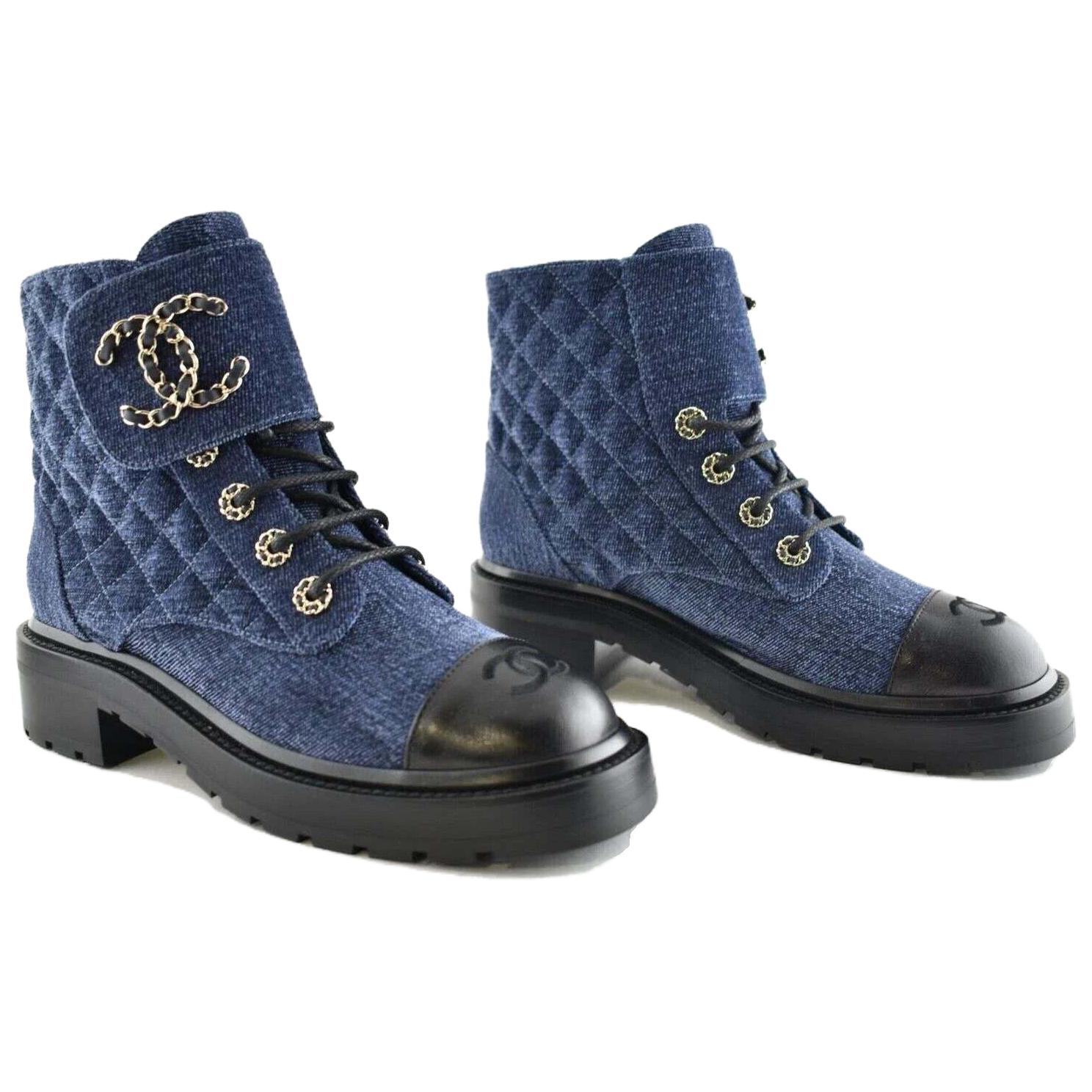 Shop (W) シャネル レディース ベルベットとカーフスキン身長アップショートブーツ 'ブルーブラック' G36424-Y55367-K3017