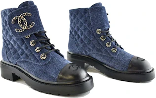 Shop (W) Botas Cortas Altura Aumentada Chanel Terciopelo y Cuero Brillo 'Azul Negro' G36424-Y55367-K3017