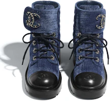 Purchase (W) Botas Cortas Altura Aumentada Chanel Terciopelo y Cuero Brillo 'Azul Negro' G36424-Y55367-K3017