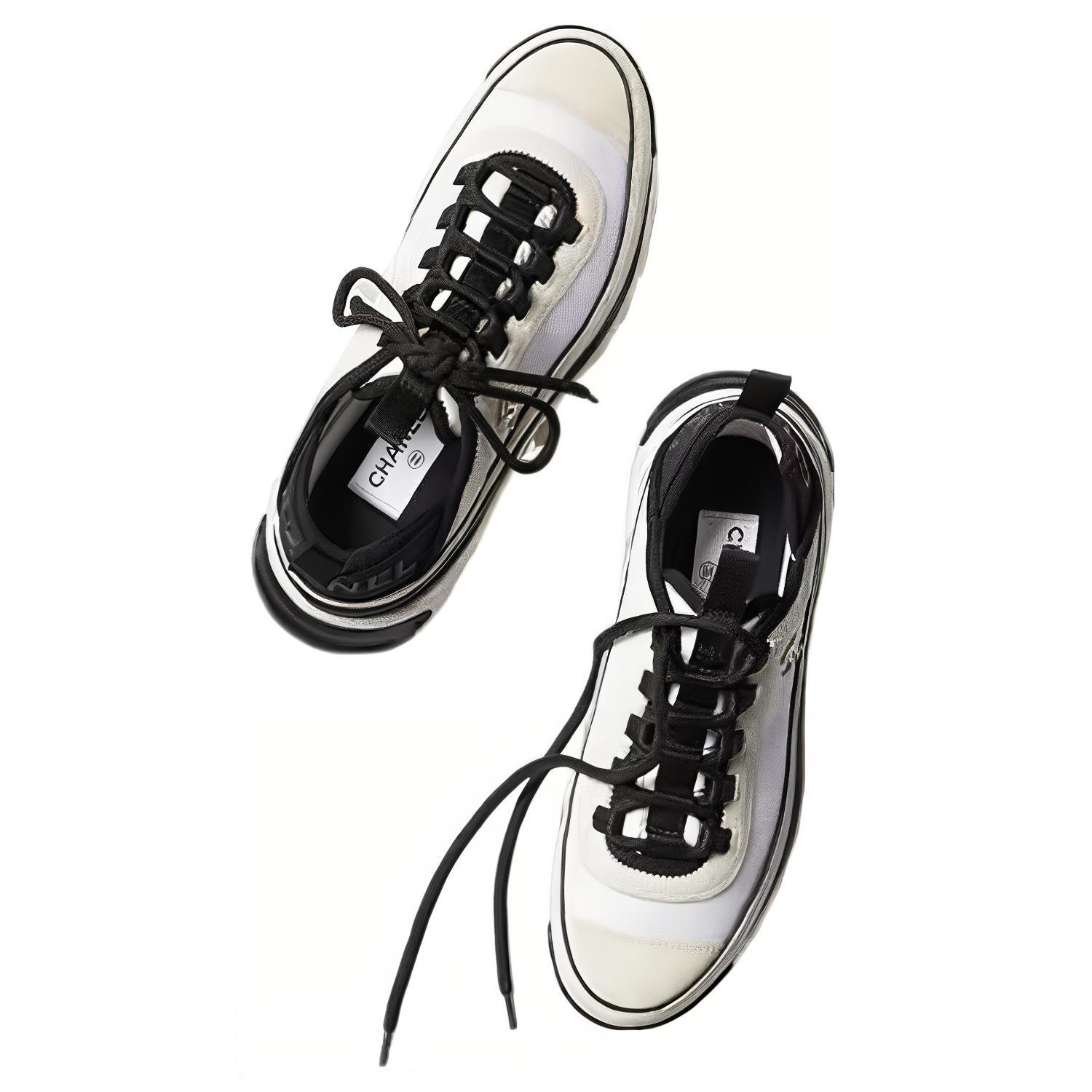 Shop (W) 샤넬 벨벳 송아지 가죽 & 믹스 섬유 스니커즈 '화이트 블랙' G39070-Y55826-K4283