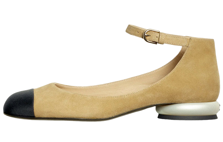 (W) Chanel Velvet Mary Jane Flats 'Beige'