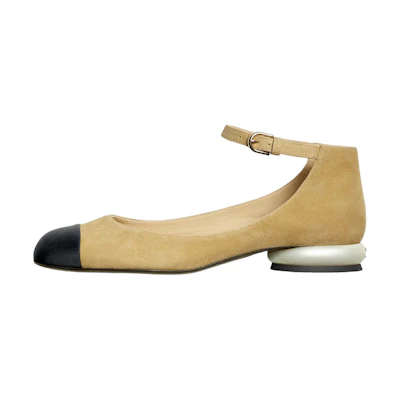 (W) Chanel Velvet Mary Jane Flats 'Beige'
