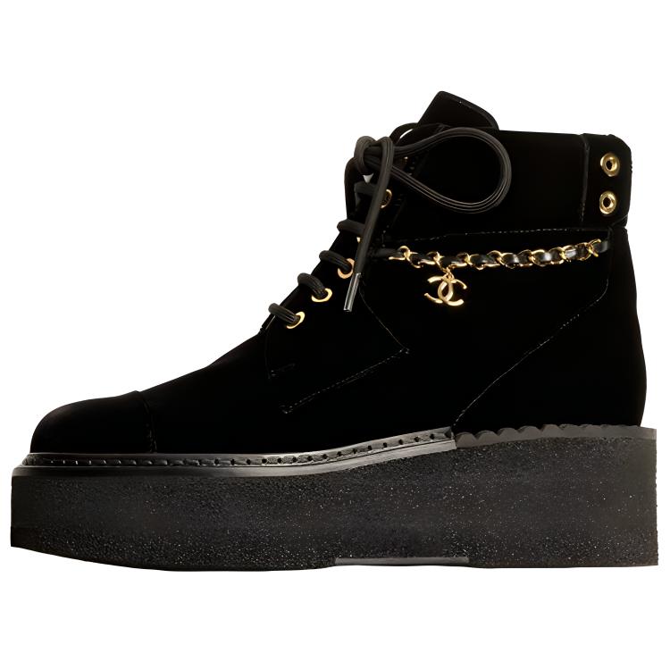 (W) Chanel Velvet Ribbon Thick-Soled Ankle Boots 'Black'