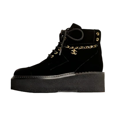 (W) Chanel Velvet Ribbon Thick-Soled Ankle Boots 'Black'