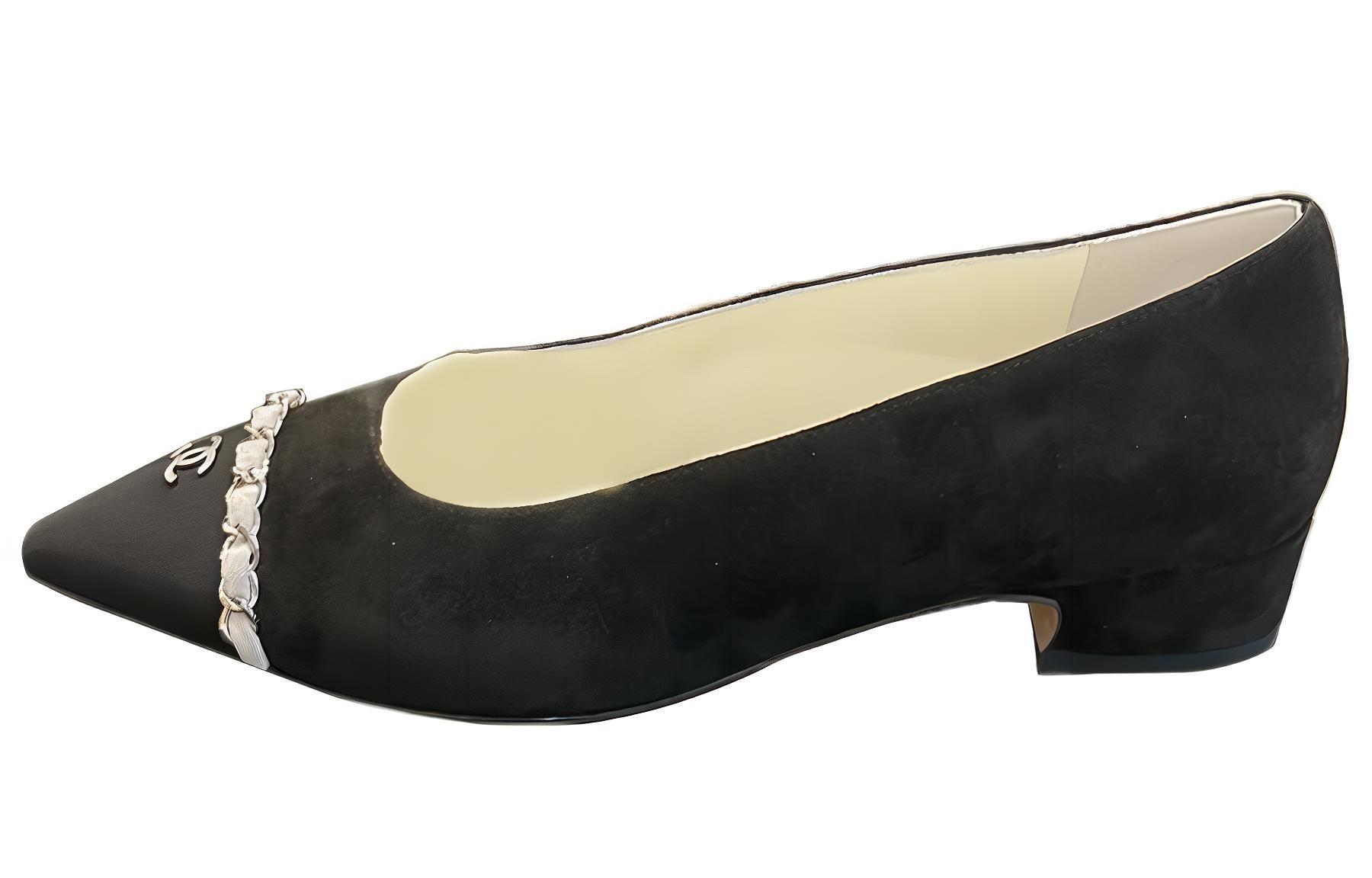 (W) Chanel Velvet Satin Buckle Metal Casual Flats 'Black'