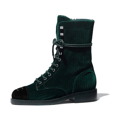 (W) Chanel Velvet Short Boots 'Green Black'