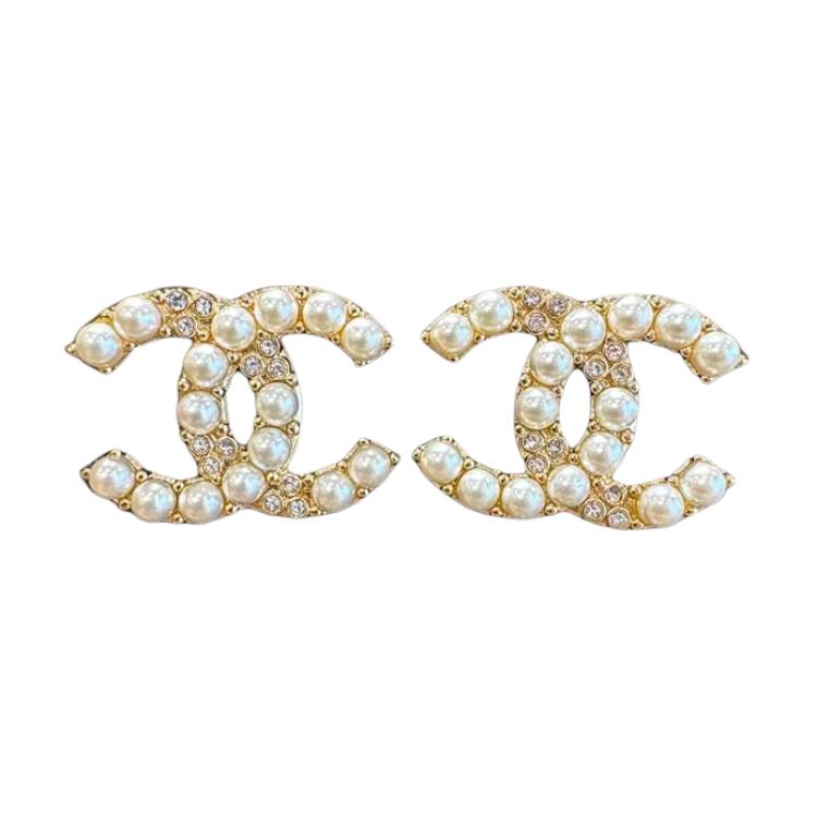 (Women) CHANEL Vintage Double C Earrings Gold Metal Glass Pearl Crystal  Accessories ABE102-B17215-NZ743