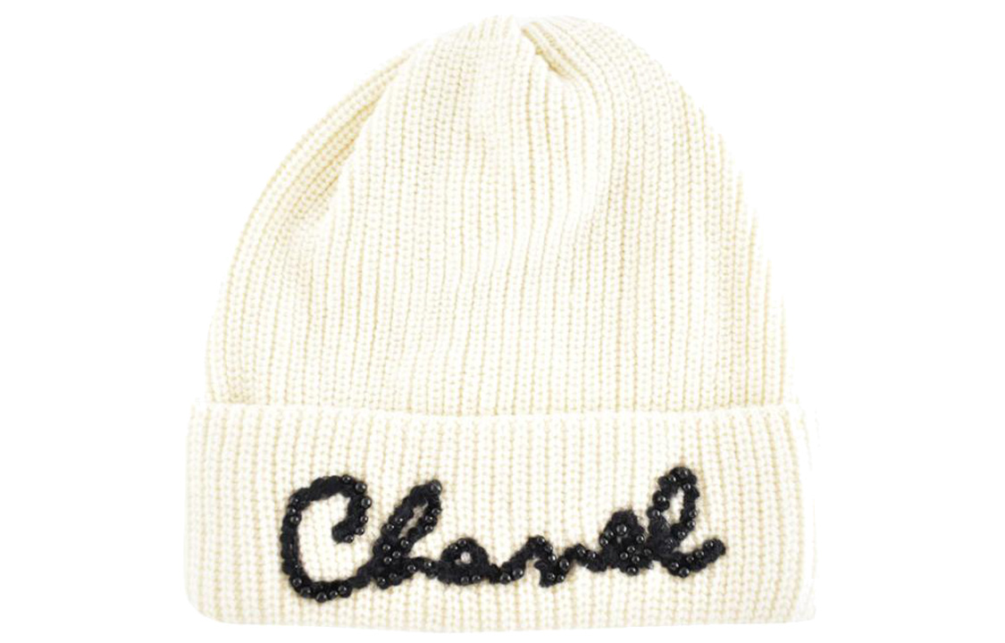 (Women) CHANEL White Beaded Letter Cashmere Knit Beanie Hat AA7626-B05931-10800