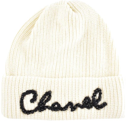 (Women) CHANEL White Beaded Letter Cashmere Knit Beanie Hat AA7626-B05931-10800 Buy (Women) CHANEL White Beaded Letter Cashmere Knit Beanie Hat AA7626-B05931-10800