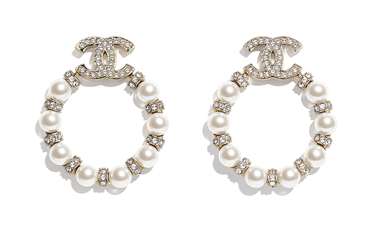 (Women) CHANEL White Pearl Earrings with Double C and Crystal Decor for Women AB5627-B03409-N7683