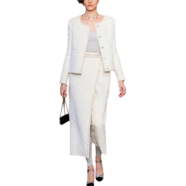 (Women) Chanel White Silk Jacquard Jacket Embroidered, Long Sleeve, Fall Edition. P71059-V62263-NC641