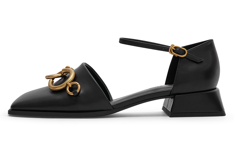 (Women) CHARLES & KEITH Chain Square Toe Block Heel 'Black' CK1-60900154_BLACK