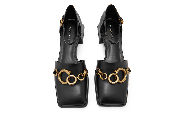Lookbook (W) CHARLES & KEITH スクエアトゥチェーンヒール (黒) CK1-60900154_BLACK