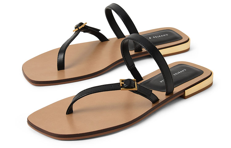 Shop CHARLES&KEITH PU斜綁帶方頭夾趾涼拖鞋 女款 黑色