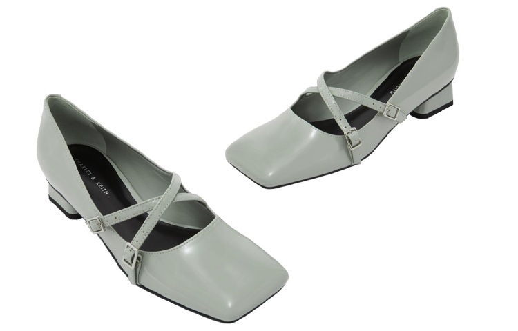 Shop CHARLES&KEITH 時尚交叉袢帶方頭瑪麗珍平底鞋 女款 灰綠色