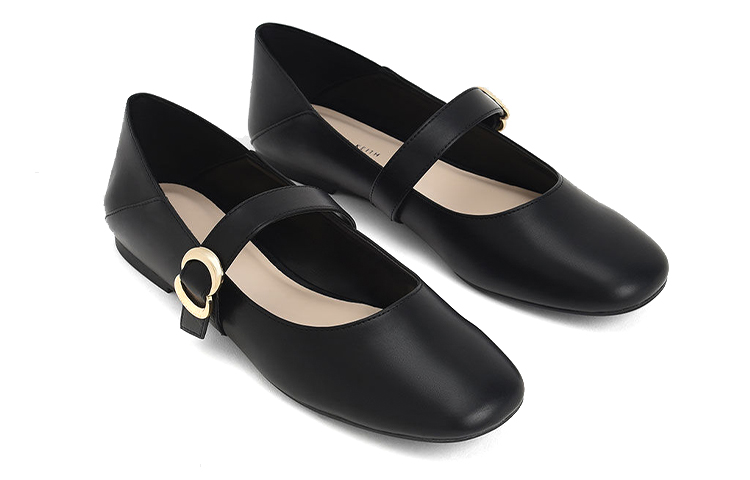 Lookbook 查爾斯＆凱斯 PU織物搭扣圓頭瑪莉珍芭蕾平底鞋 女款 黑色
