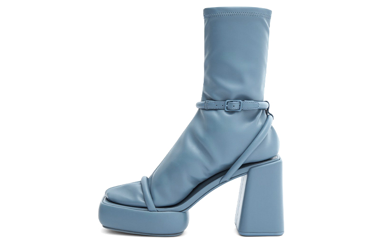 (Women) CHARLES & KEITH Square-Toe Sock Boots 'Blue Buckle Strap' CK1-60361354_BLUE