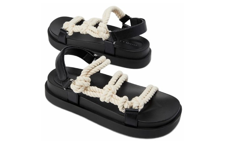 Shop CHARLES&KEITH 布料編織帶舒適厚底時尚涼拖 女款 黑色