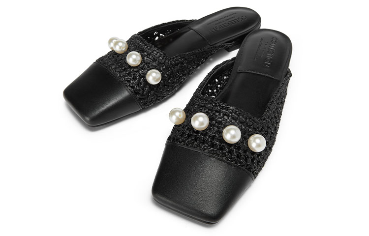 Shop (W) CHARLES & KEITH Woven Square Toe Slide 'Pearl Black' Sandal Kulit Hitam SL1-70900032-A_BLACK