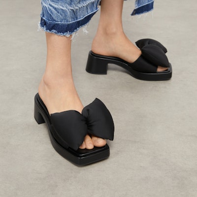 CHARLES & KEITH 織物小CK蝴蝶結裝飾粗跟方頭拖鞋 5.6cm 女款 7