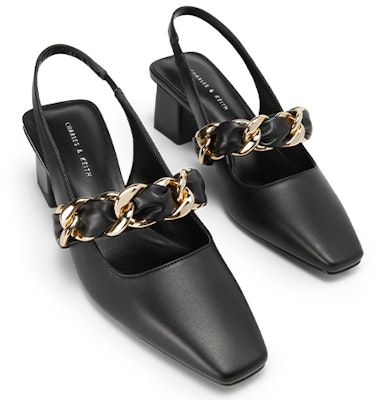 (W) CHARLES & KEITH Tumit Blok Hujung Square 'Tali Rantai Hitam' CK1-60920311_BLACK Order (W) CHARLES & KEITH Tumit Blok Hujung Square 'Tali Rantai Hitam' CK1-60920311_BLACK