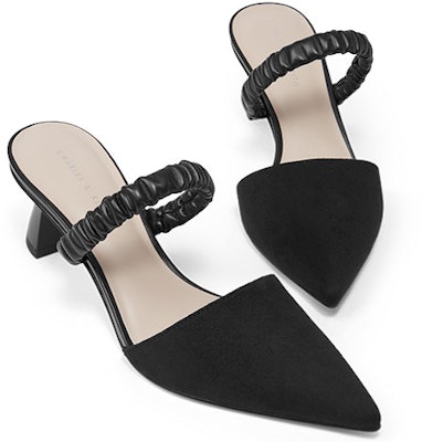 CHARLES & KEITH PU織物褶皺繫帶尖頭高跟穆勒鞋 女款 黑色 Shop CHARLES & KEITH PU織物褶皺繫帶尖頭高跟穆勒鞋 女款 黑色