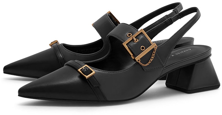 CHARLES&KEITH PU 金屬扣帶飾尖頭 粗跟 高跟鞋 4.2cm 女款 深藍色 Order CHARLES&KEITH PU 金屬扣帶飾尖頭 粗跟 高跟鞋 4.2cm 女款 深藍色