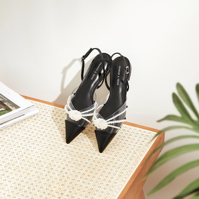 (Women) CHARLES & KEITH Twisted Knot Pearl Embellished Pointed Toe Low Heel Sandals 'Black' CK1-70900380_BLACK Details for (Women) CHARLES & KEITH Twisted Knot Pearl Embellished Pointed Toe Low Heel Sandals 'Black' CK1-70900380_BLACK