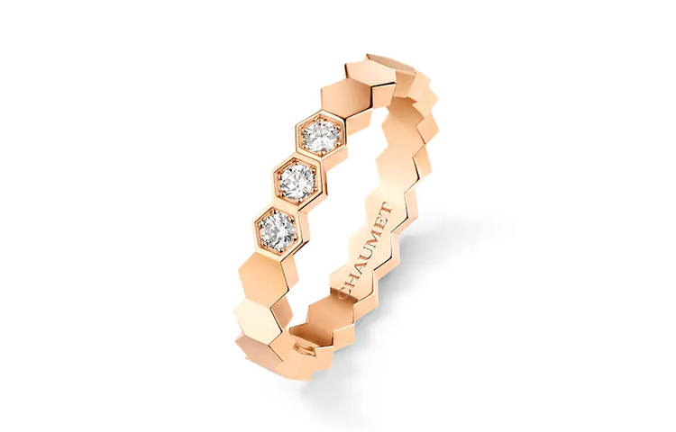 (Women) Chaumet Bee My Love 18K Rose Gold Ring with Three Diamonds for Women 083361