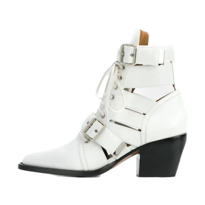 (W) Chloé Leather Pointed-Toe Block Heel Ankle Boots 'White'