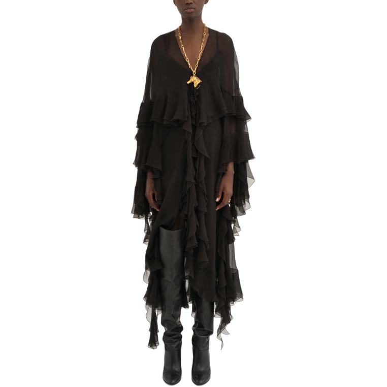 Lookbook (W) クロエ ブラック Vネック フリル 長袖ワンピース FW24 CH24ARO50001-001