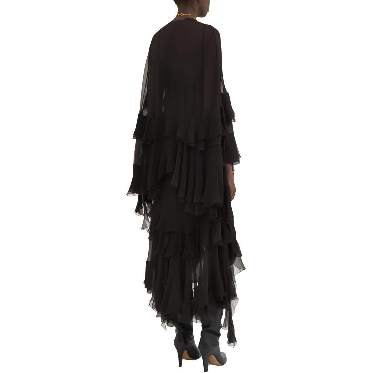 Shop (W) クロエ ブラック Vネック フリル 長袖ワンピース FW24 CH24ARO50001-001