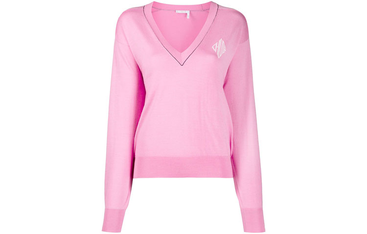 (Women) Chloe FW21 Pink Logo V-Neck Wool Sweater Pullover CHC20SMP6960006G8