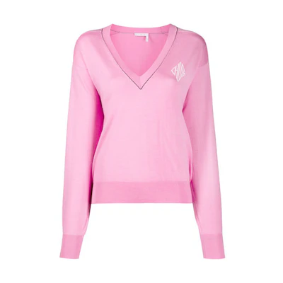 (Women) Chloe FW21 Pink Logo V-Neck Wool Sweater Pullover CHC20SMP6960006G8