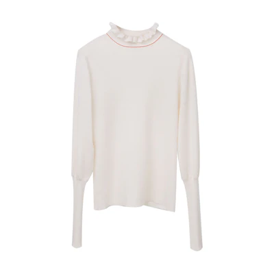 (Women) Chloe FW21 White Ruffle High-Neck Wool Knit Sweater Top. CHC21AMP39510107