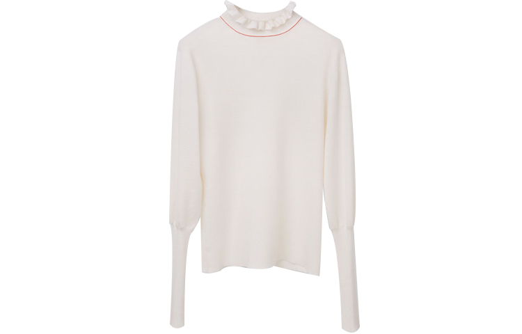 Order (W) Chloe FW21 Baju Sweater Knit Wol Leher Tinggi Ruffle Putih. CHC21AMP39510107