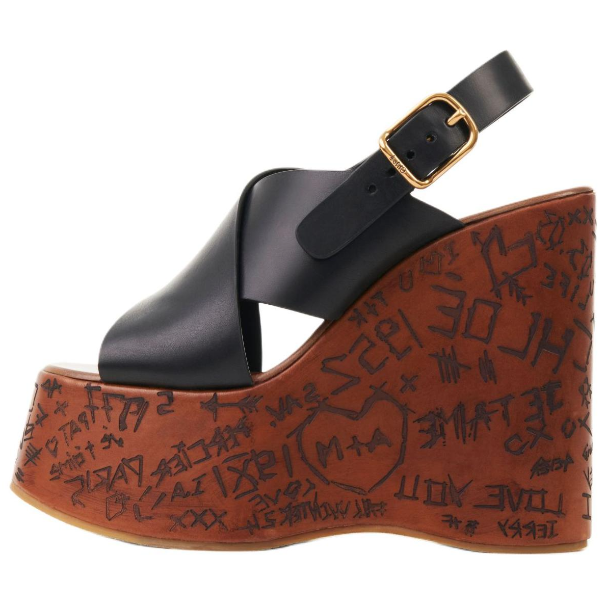 (Women) Chloe Maxime Black Leather Open-Toe Wedge Sandals 13cm CHC24A02YLU001