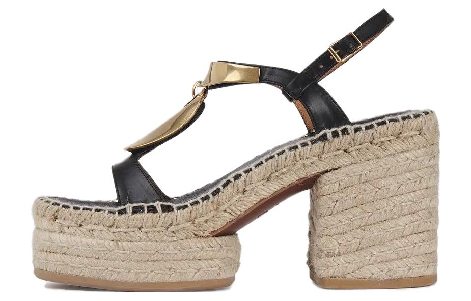 (W) Chloe Pema 'Black Peep-Toe Leather Sandals'