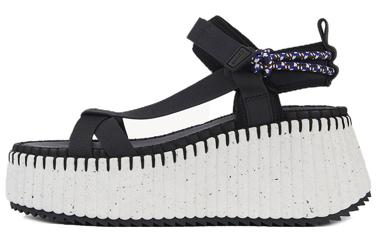 (Women) Chloe Polyester Velcro Wedge Fashion Slides 'Black and White' CHC23U870Y4001