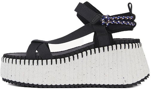 Chloe蔻依 涤纶 魔術貼坡跟 時尚涼拖 8cm 女款 黑白 Buy Chloe蔻依 涤纶 魔術貼坡跟 時尚涼拖 8cm 女款 黑白