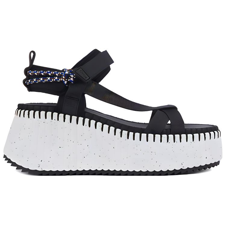 Order (W) Chloe Poliester Velcro Wedge Kasut Sandal 'Hitam dan Putih' CHC23U870Y4001