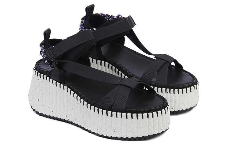 Lookbook (W) Chloe Poliester Velcro Wedge Kasut Sandal 'Hitam dan Putih' CHC23U870Y4001