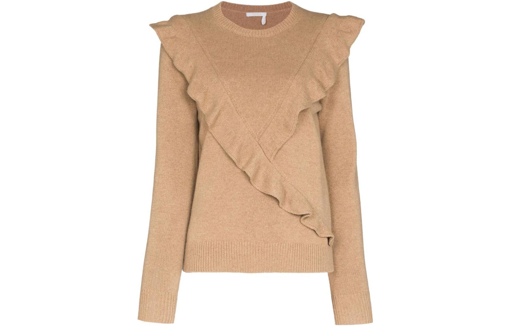 (Women) Chloe SS22  Brown Ruffle-Trim Cashmere Sweater CHC22SMP0250020N