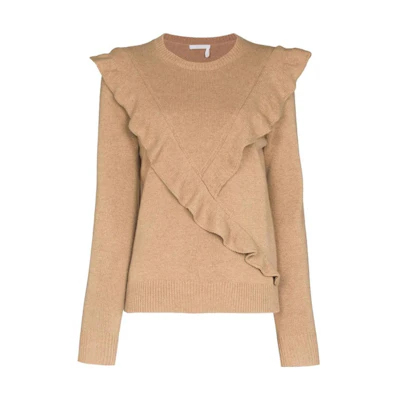 (Women) Chloe SS22 Brown Ruffle-Trim Cashmere Sweater CHC22SMP0250020N
